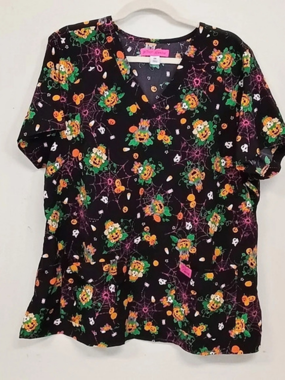 Betsey Johnson 2X Halloween Puppy Dog Print Scrubs Short Sleeve V Neck Top